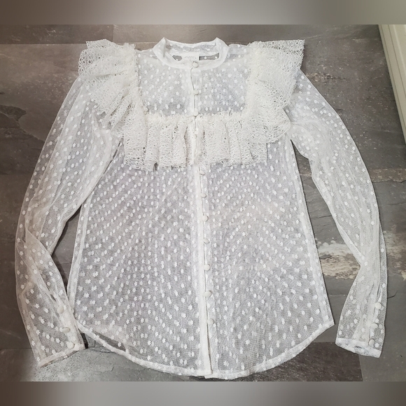 Sandra Mansour X H&M Flounced Tulle Blouse Elegant Sheer Lace. White, Cream. XS. - Picture 3 of 11